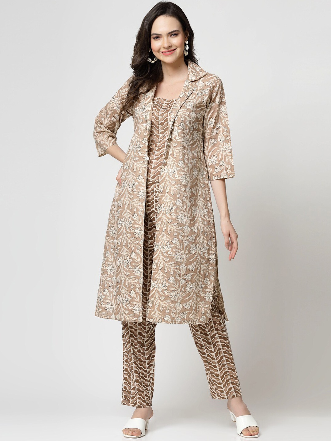 

YELLOW CLOUD Cotton Printed Top With Trousers & Jacket Co-Ords Set, Brown