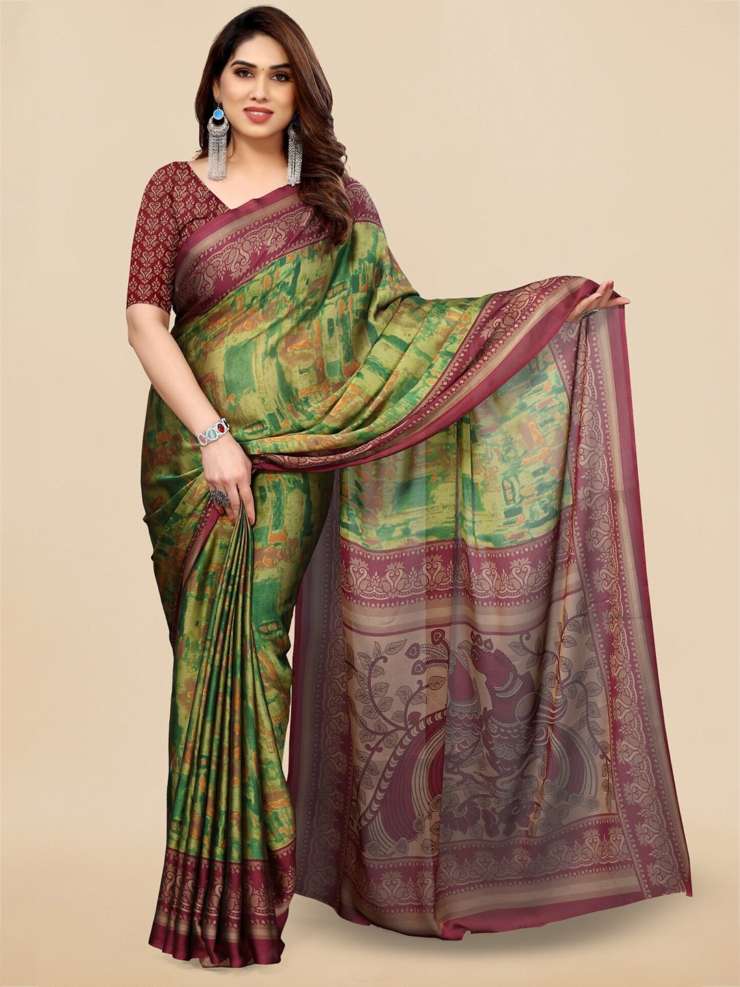 

KALINI Green & Maroon Abstract Printed Saree