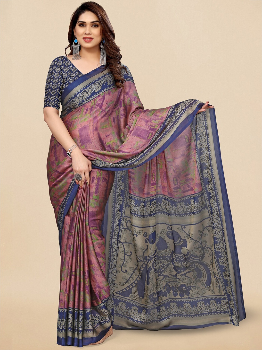 

KALINI Pink & Blue Abstract Printed Saree
