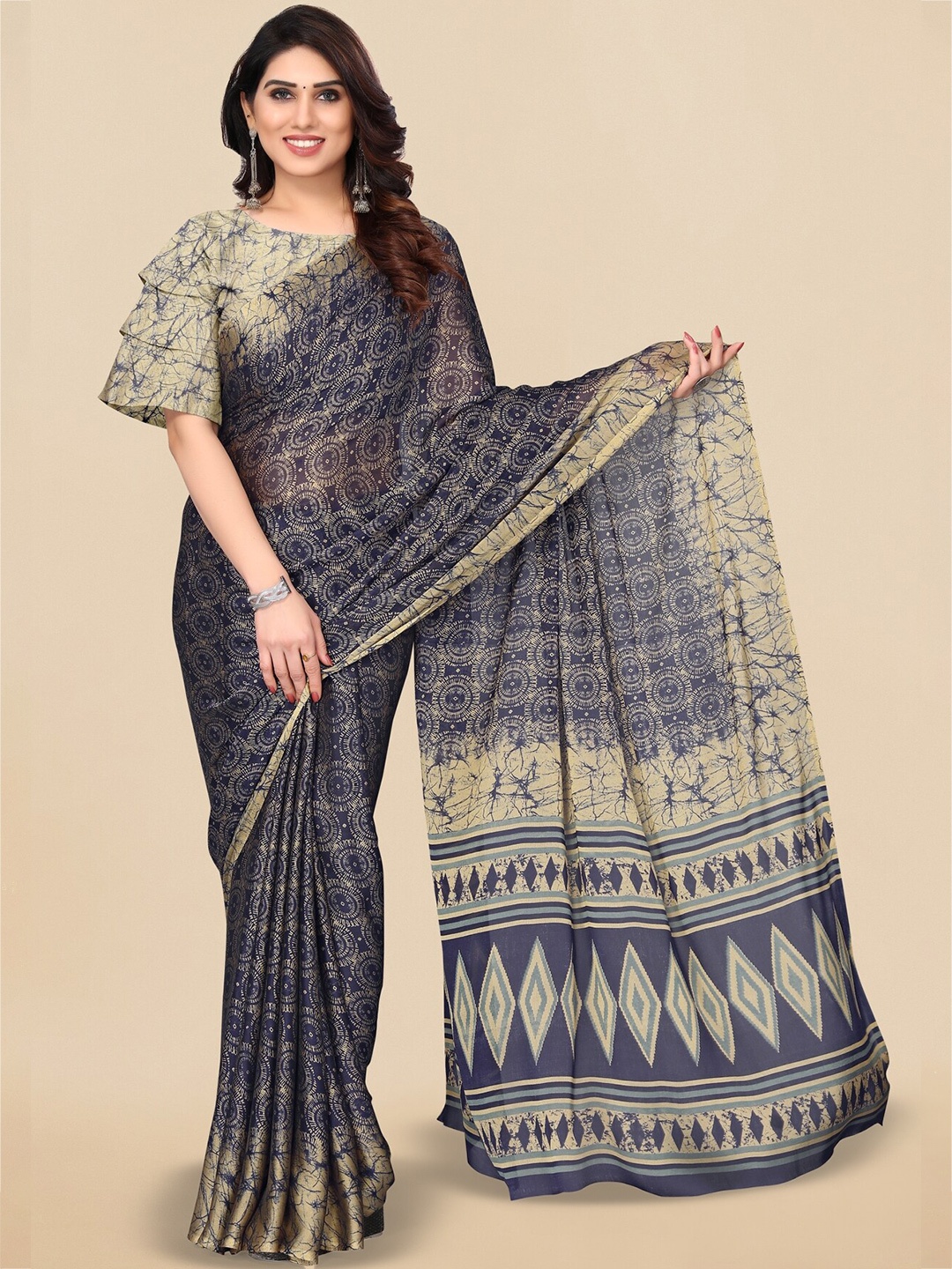 

KALINI Navy Blue & Cream-Coloured Geometric Printed Saree