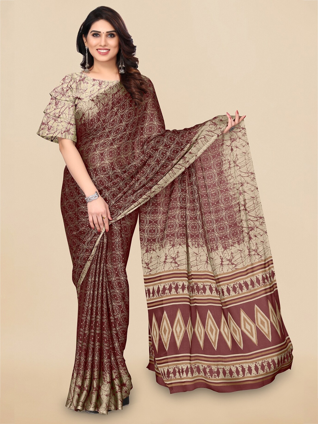 

MIRCHI FASHION Maroon & Beige Geometric Printed Saree