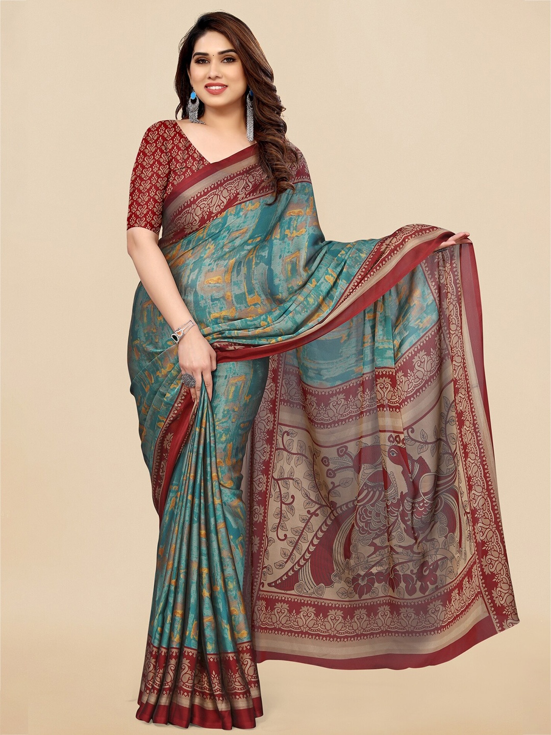 

MIRCHI FASHION Turquoise Blue & Maroon Abstract Printed Saree