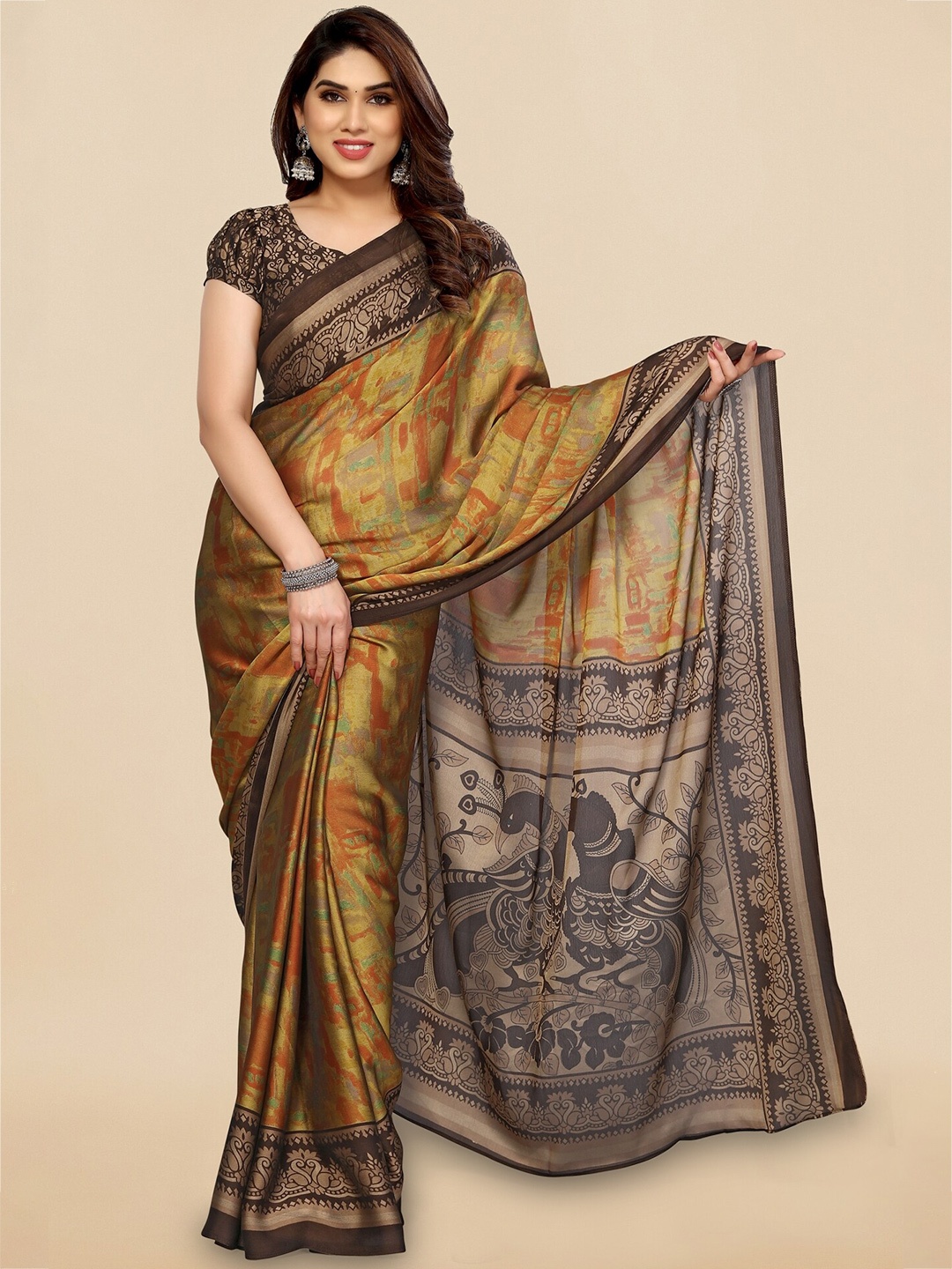 

KALINI Mustard & Brown Abstract Printed Saree