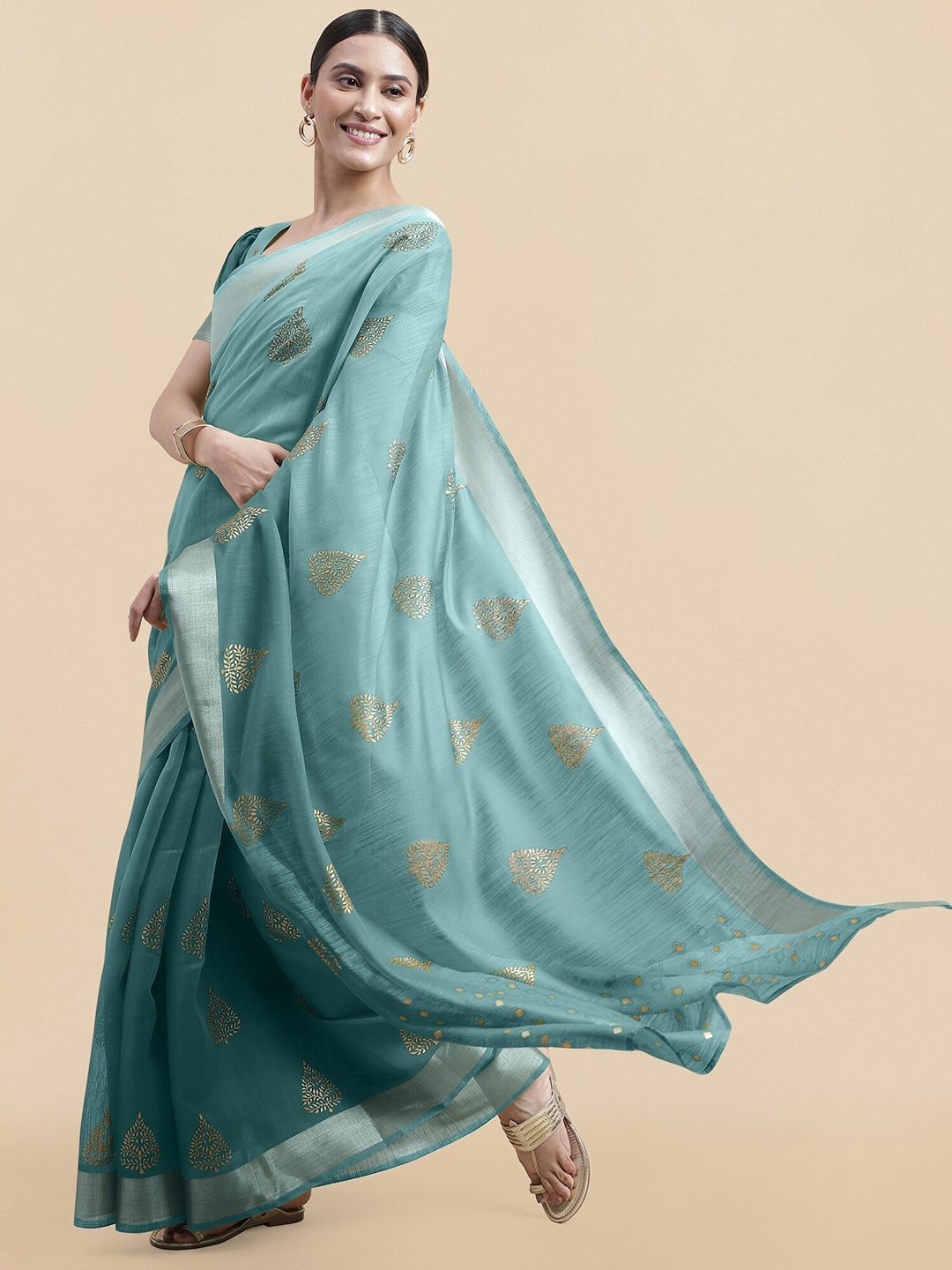 

MIRCHI FASHION Turquoise Blue & Gold-Toned Ethnic Motifs Printed Zari Saree