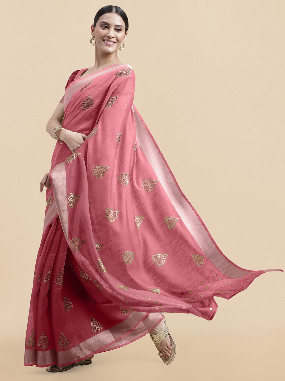 

MIRCHI FASHION Pink & Silver-Toned Ethnic Motifs Printed Zari Block Print Saree
