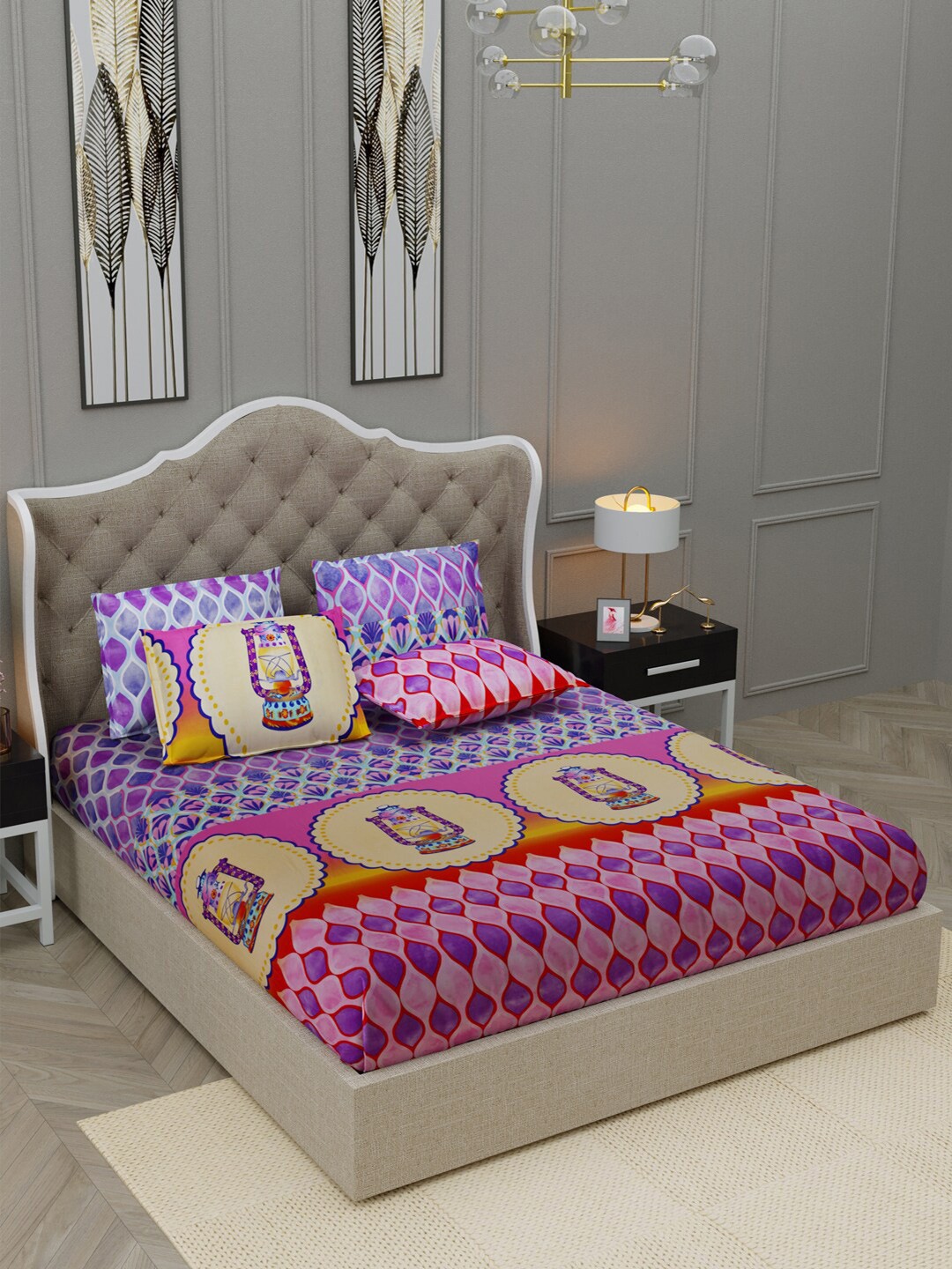 

BOMBAY DYEING Celebrating India Blue & Purple Printed Cotton 300 TC King Bedsheet Set
