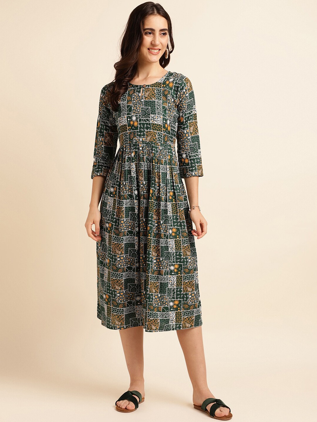 

Fabclub Ethnic Motifs Printed A-Line Midi Dress, Green