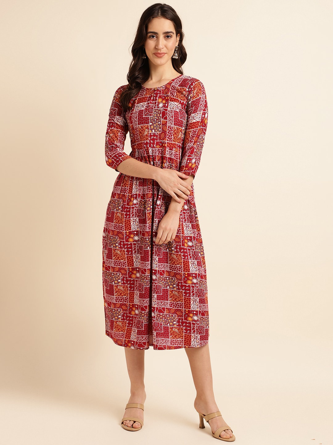 

Fabclub Ethnic Motifs Printed A-Line Midi Dress, Maroon