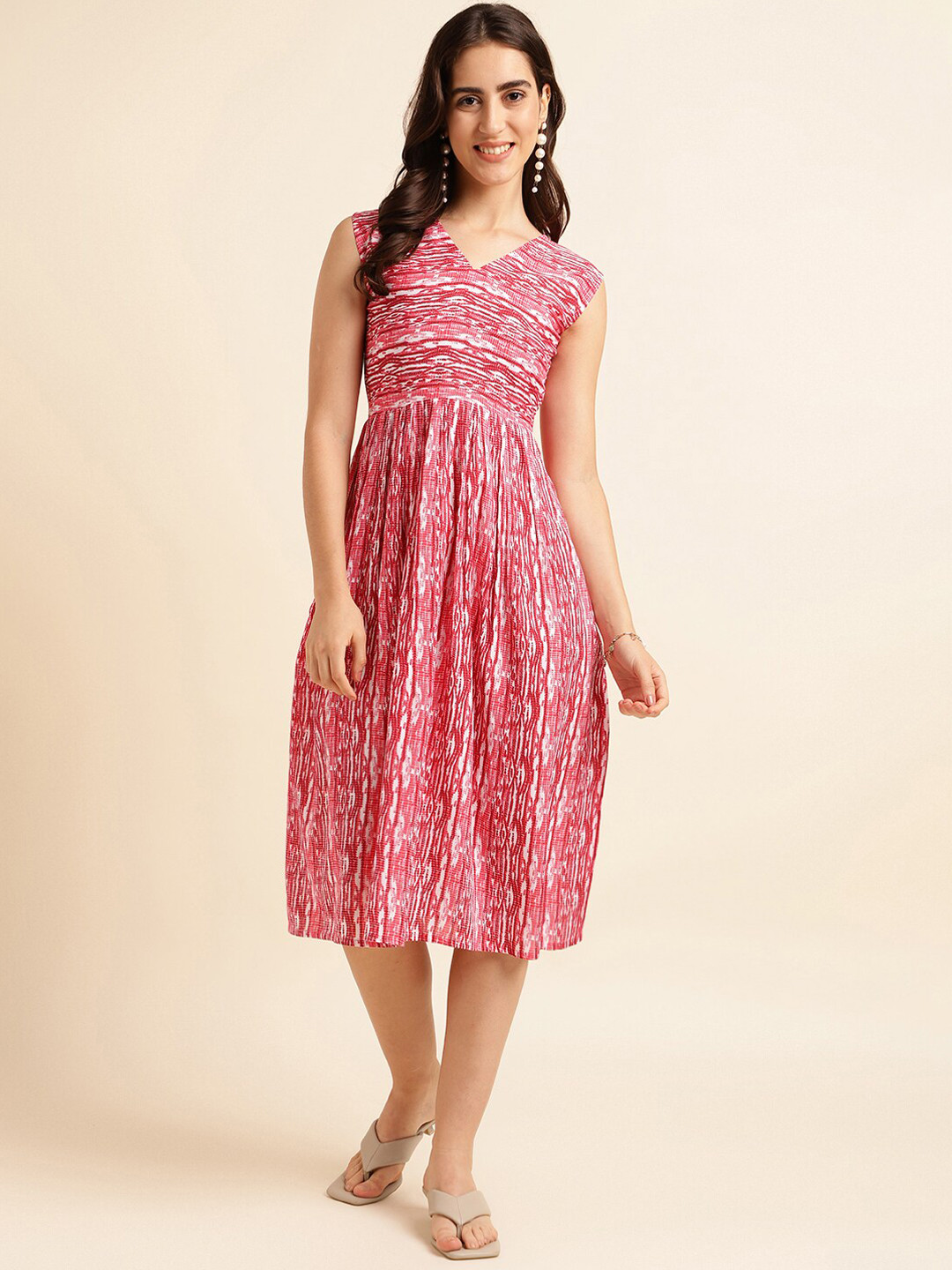 

Fabclub Shibori Printed Fit & Flared Midi Dress, Red