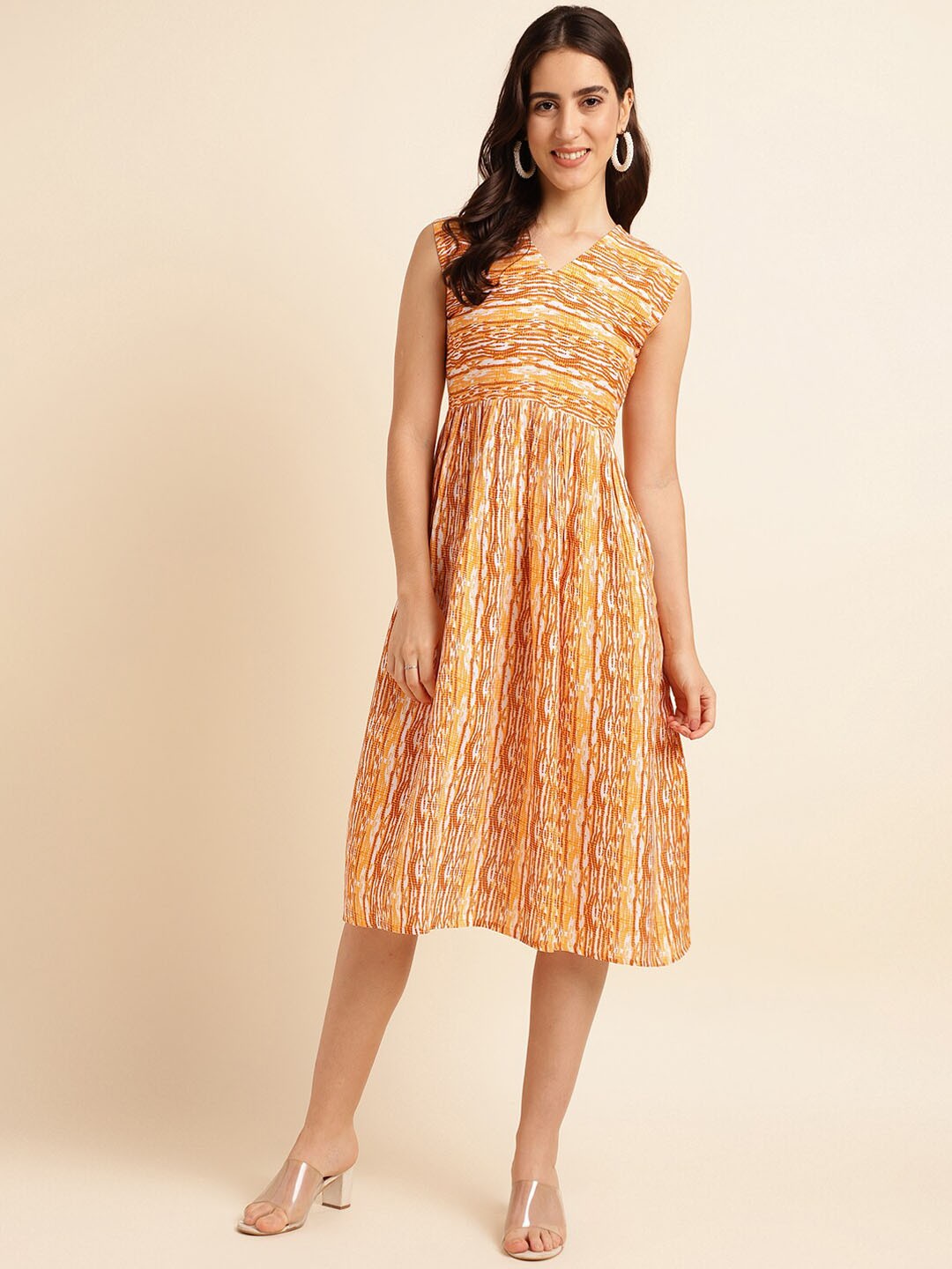 

Fabclub Shibori Printed Fit & Flared Midi Dress, Mustard