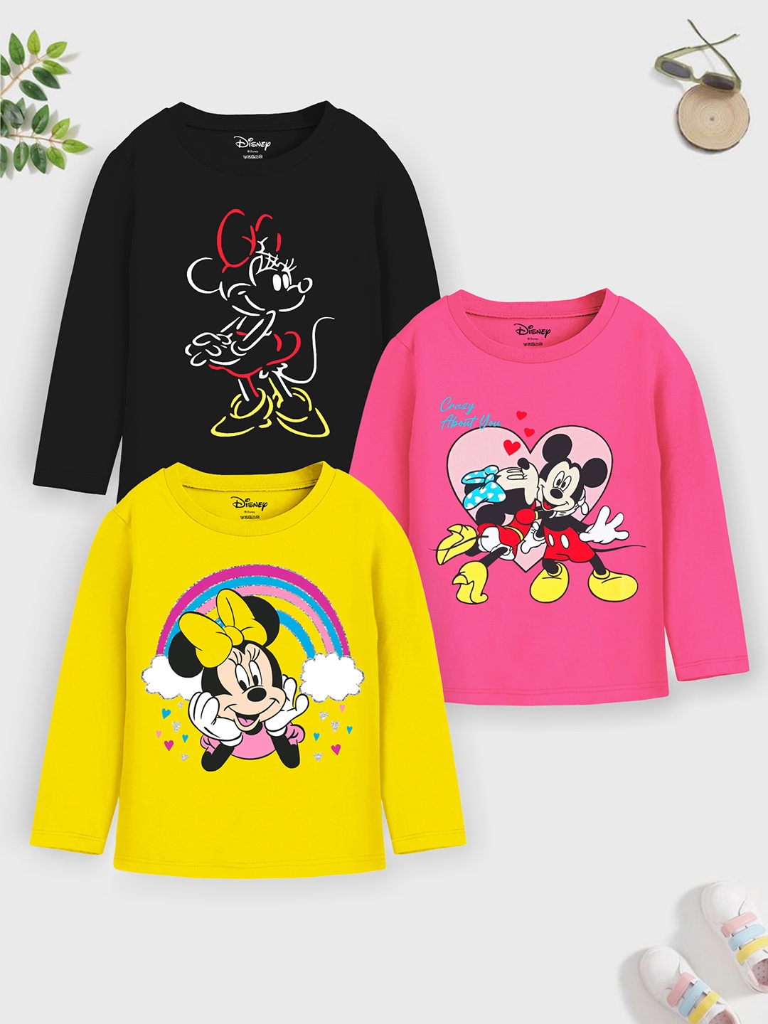 

YK Disney Girls Pack Of 3 Mickey Mouse & Mini Mouse Printed Cotton T-shirts, Pink