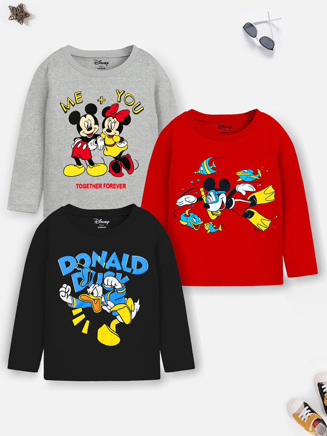 

YK Disney Boys Pack of 3 Mickey & Friends Printed Cotton T-shirts, Red