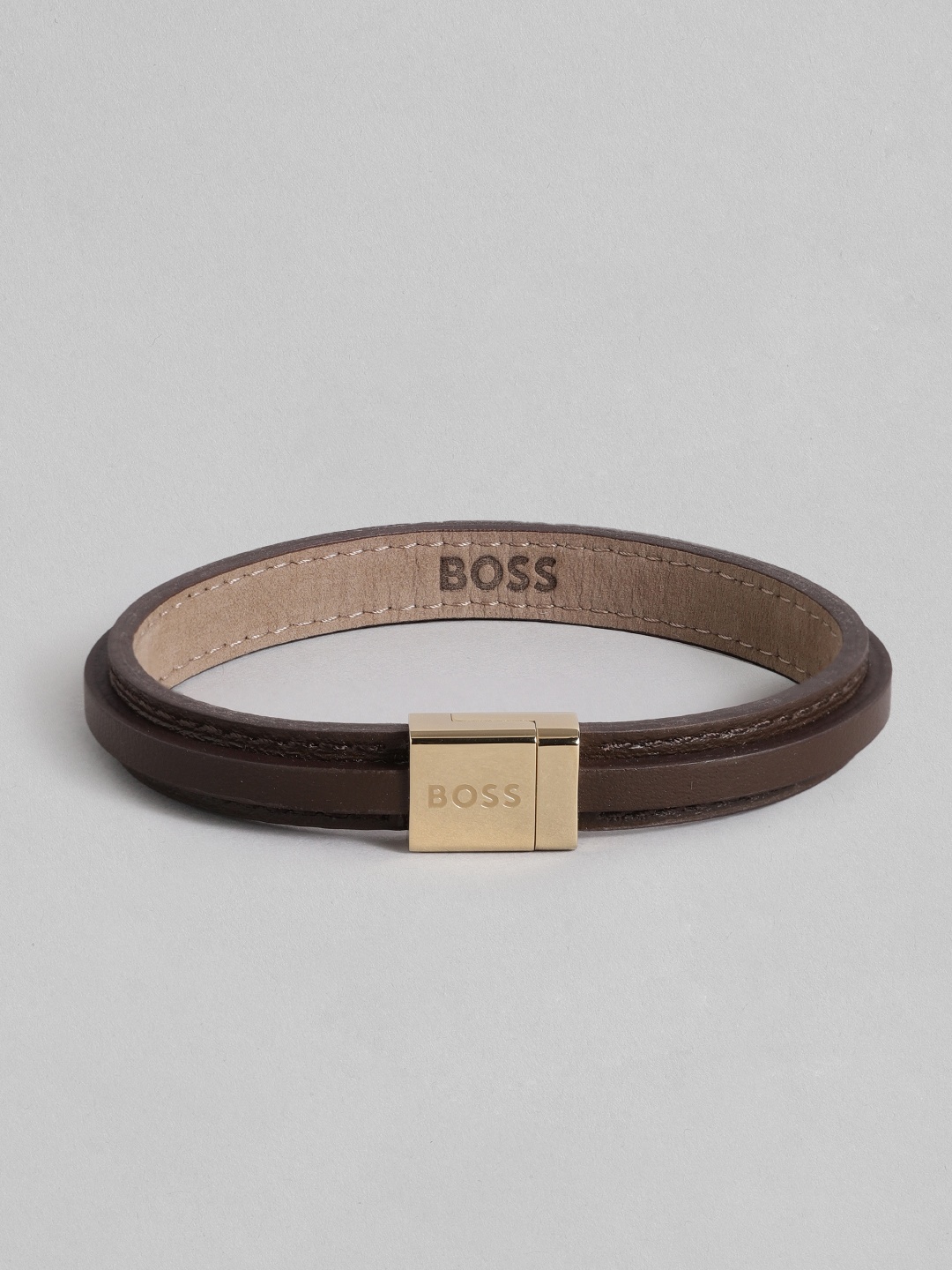 

Hugo Boss Men Leather Brass-Plated Bangle-Style Bracelet, Brown