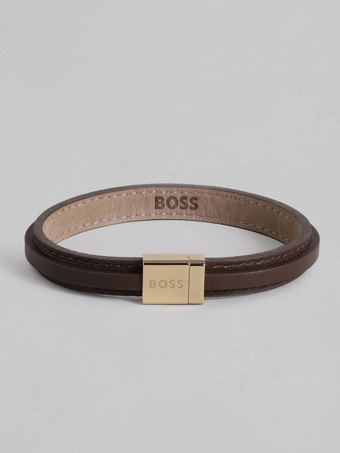 

Hugo Boss Men Leather Brass-Plated Bangle-Style Bracelet, Brown