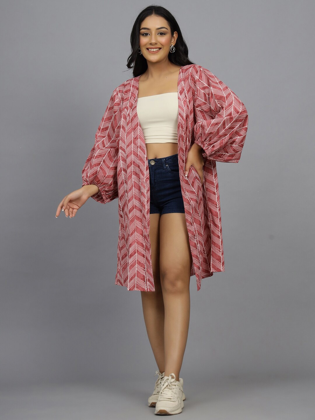 

HANDICRAFT PALACE Women Maroon & White Printed Longline Shrug