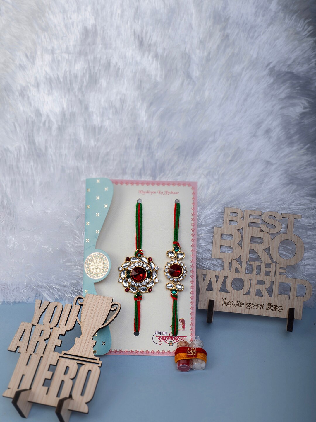 

PANASH- Gifts Set Of Best Bro Rakhi with Wooden Plaques and Roli Chawal, Gold