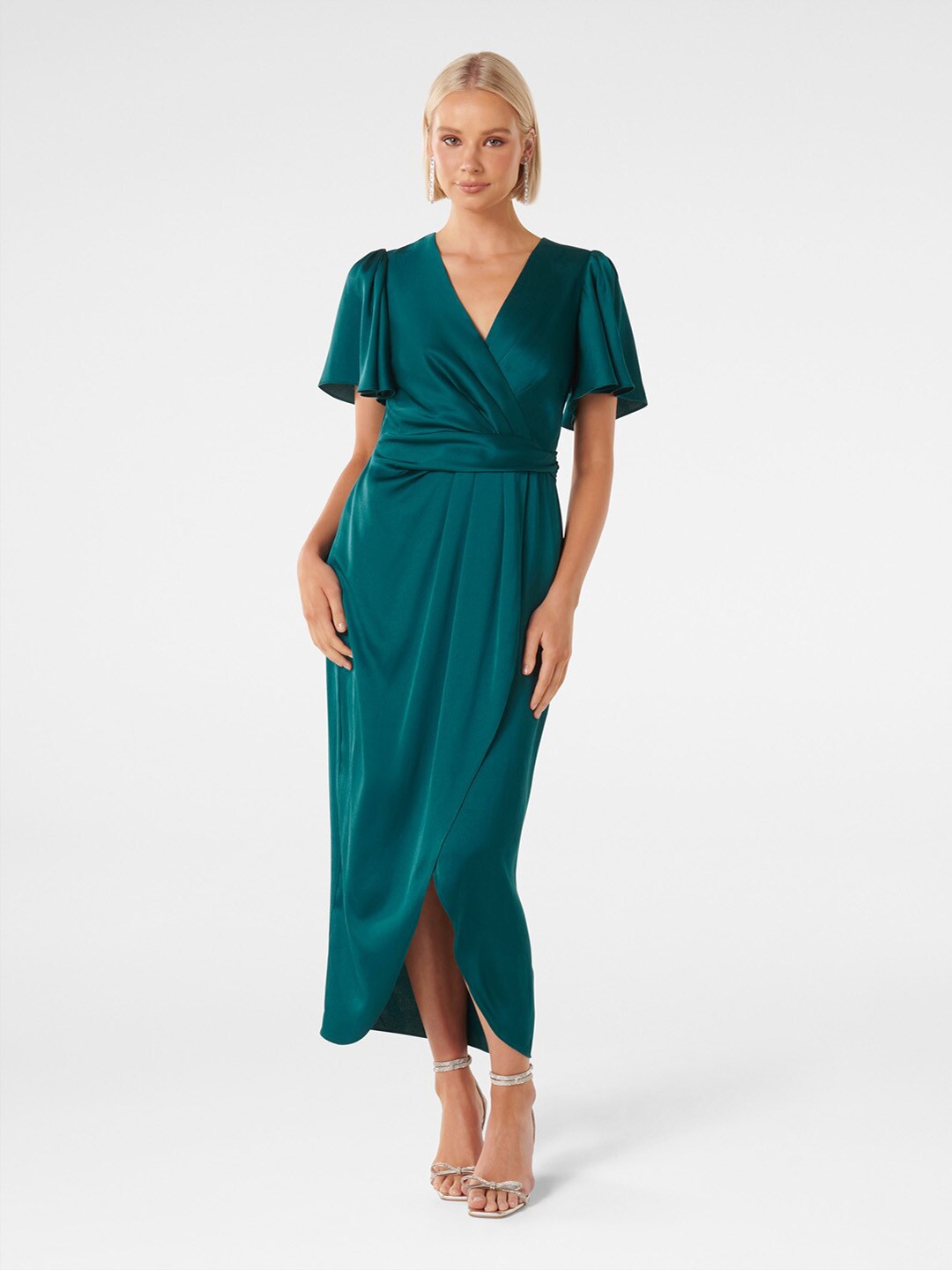 

Forever New V-Neck Flared Sleeve Satin Wrap Dress, Green