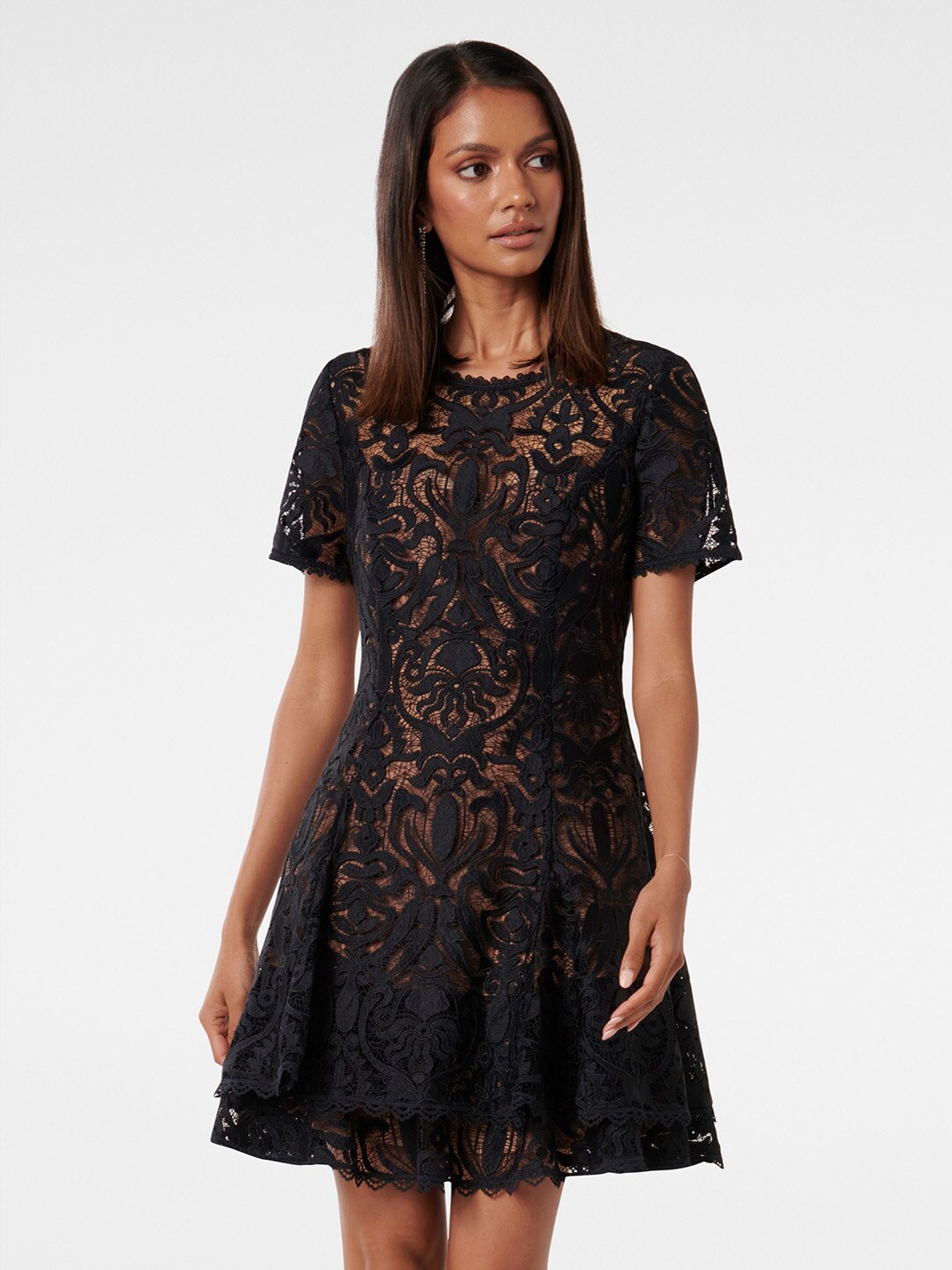 

Forever New Self Design Lace Fit & Flare Dress, Navy blue