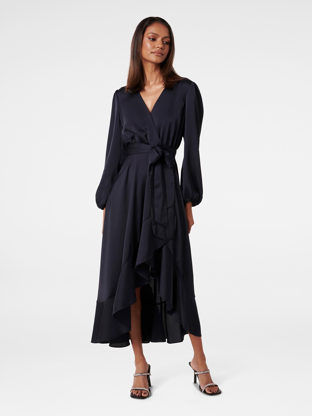

Forever New V-Neck Puff Sleeves Satin Wrap Midi Dress, Navy blue