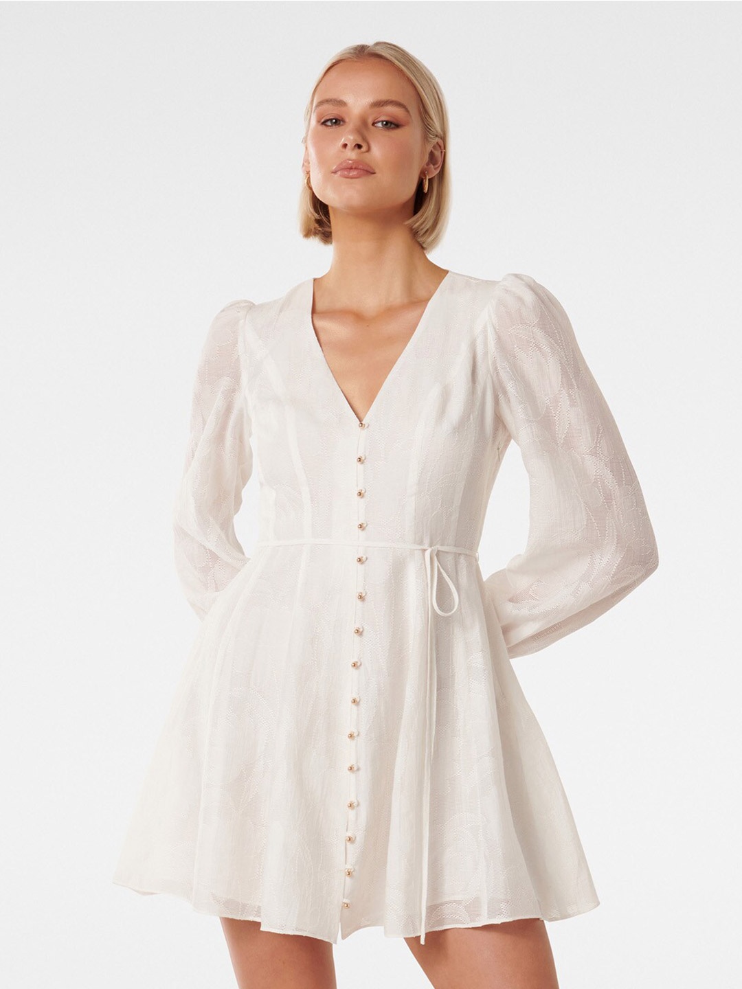 

Forever New V-Neck Long Puff Sleeves A-Line Mini Dress, White