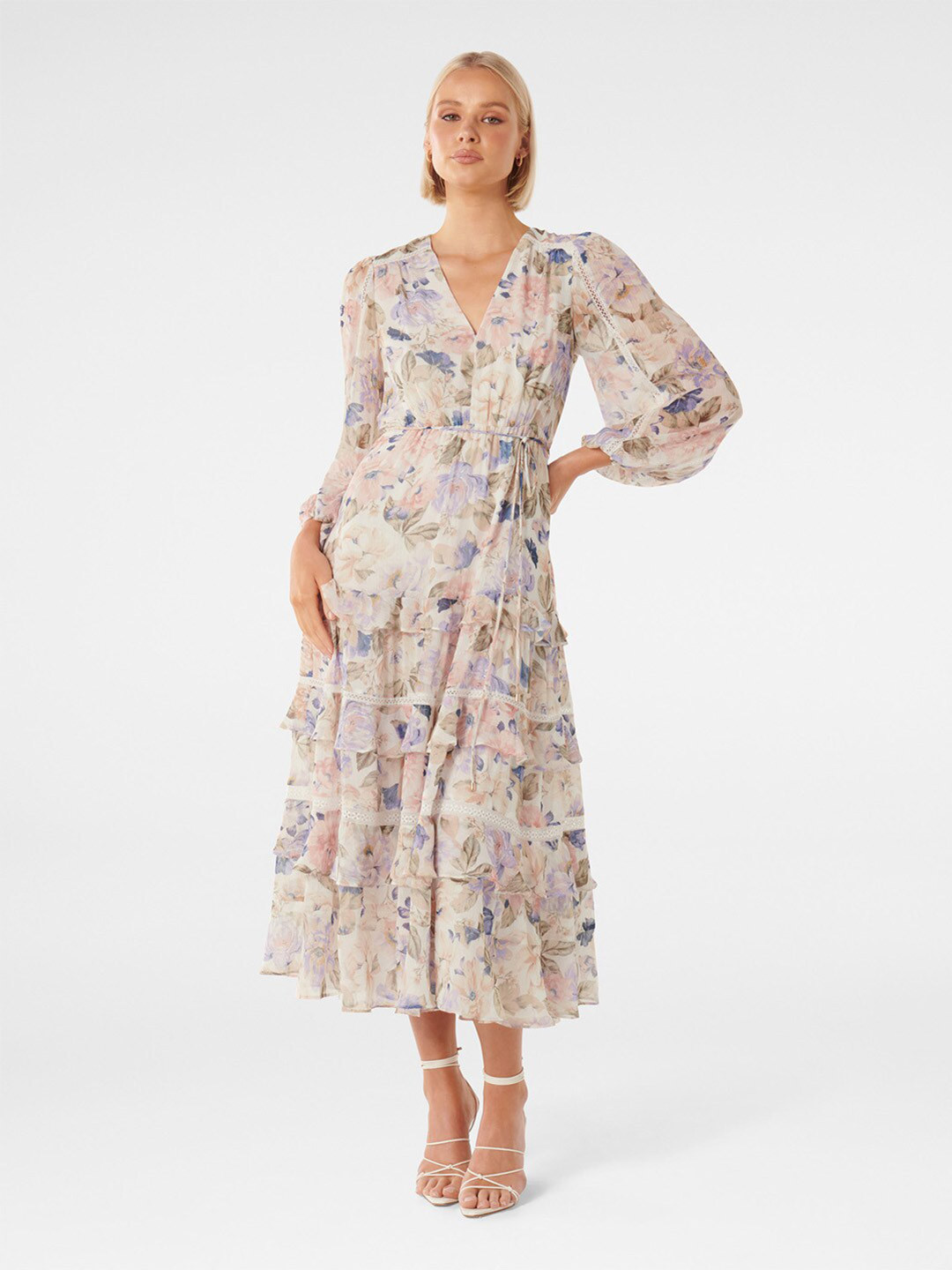 

Forever New Floral Printed Layered Fit & Flare Midi Dress, Off white