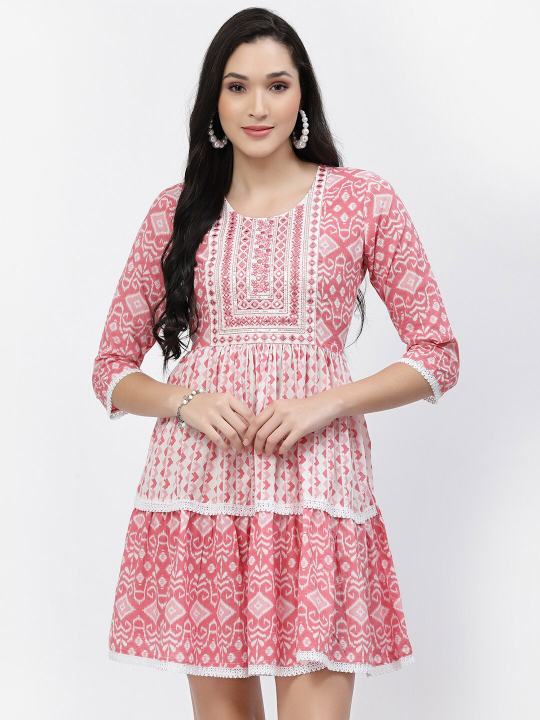 

YELLOW CLOUD Ethnic Motifs Printed Lace Inserts Cotton Fit & Flare Dress, Pink