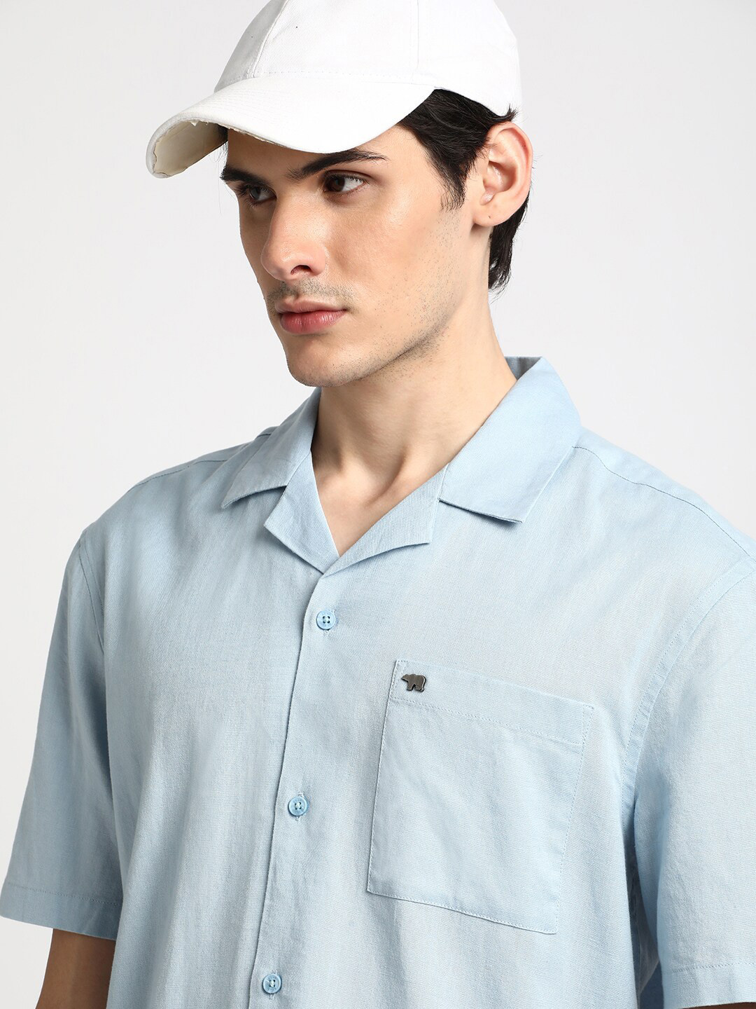 

THE BEAR HOUSE Cuban Collar Slim Fit Cotton Linen Casual Shirt, Blue