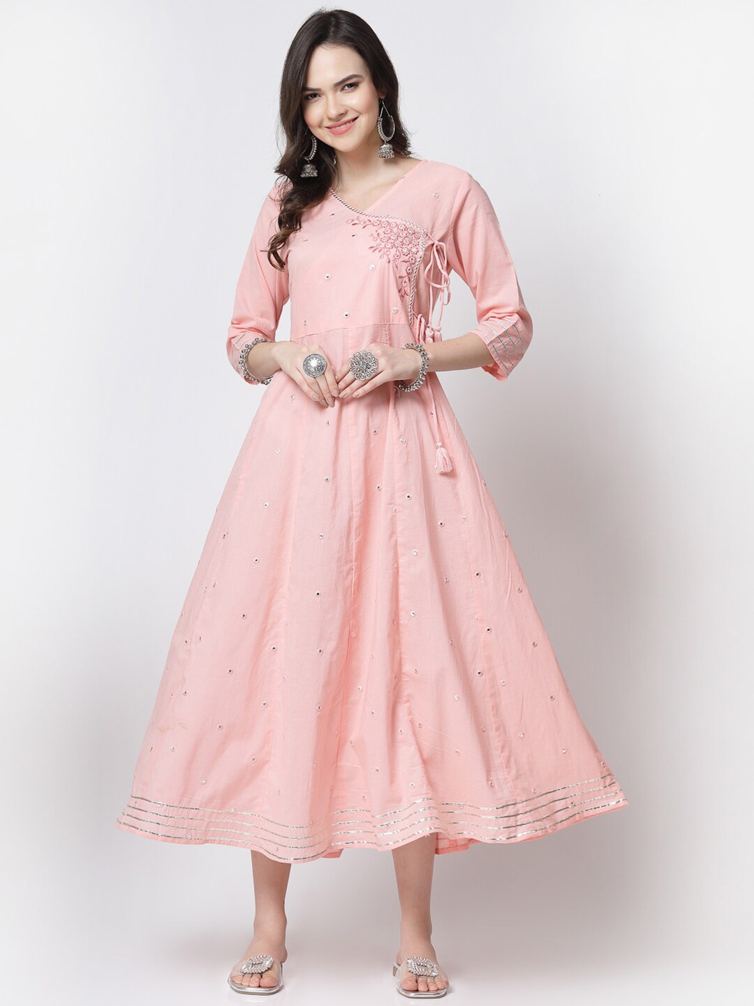 

YELLOW CLOUD Floral Embroidered V-Neck Sequined Pure Cotton Fit & Flare Midi Ethnic Dress, Pink