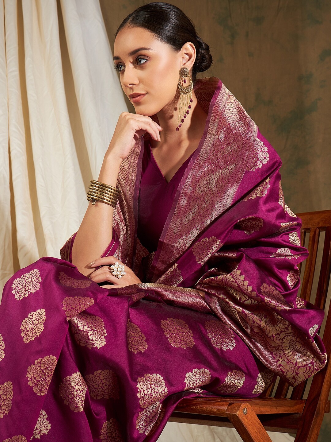 

Sangria Burgundy & Gold-Toned Ethnic Motifs Woven Design Zari Silk Blend Banarasi Saree