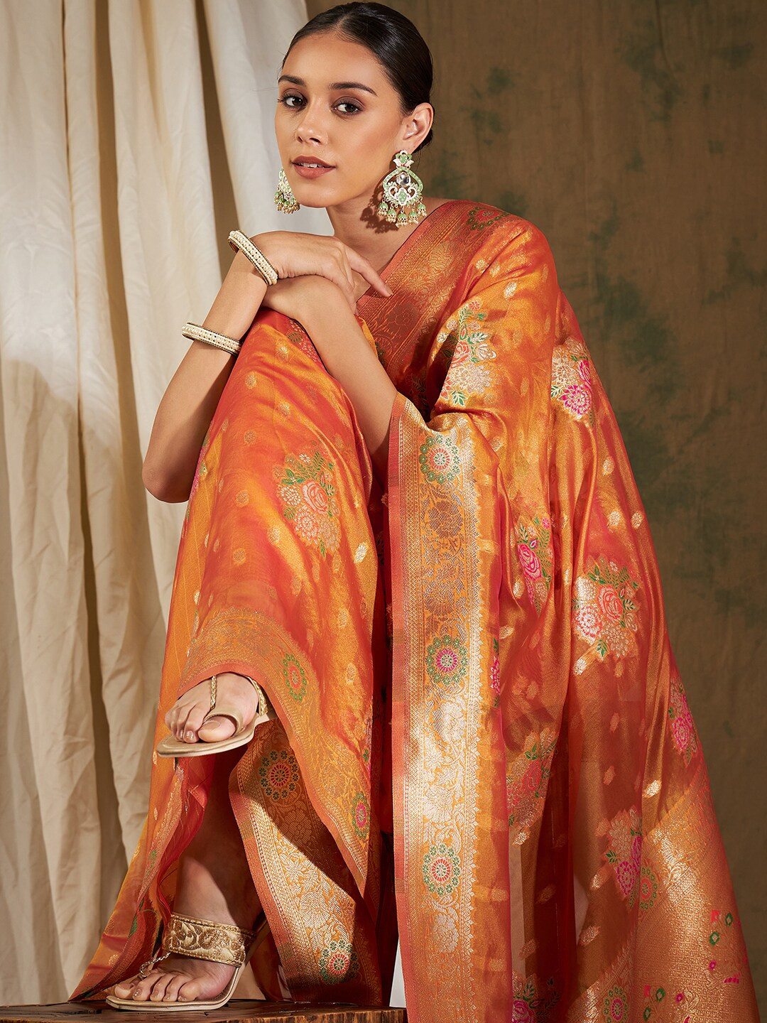 

Sangria Ethnic Motifs Woven Design Organza Kanjeevaram Saree, Orange