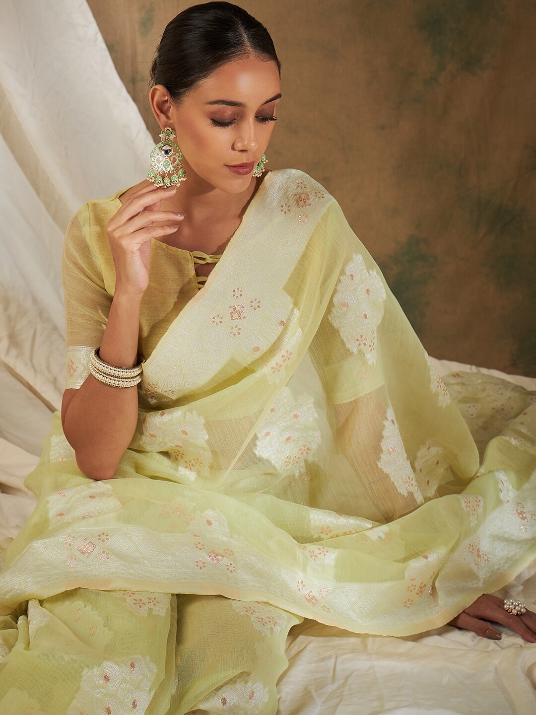 Sangria Sea Green & White Floral Woven Design Saree