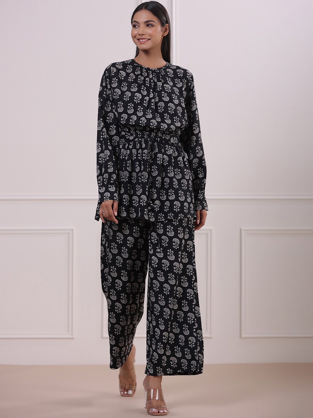 

JISORA Black Floral Printed Pure Silk Top & Trouser
