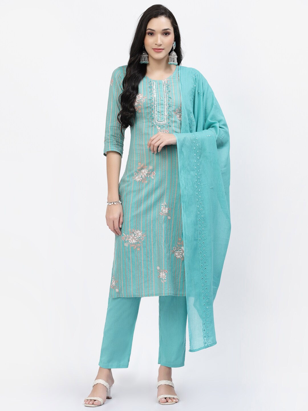 

YELLOW CLOUD Floral Printed Pure Cotton Kurta with Trousers & With Dupatta, Blue