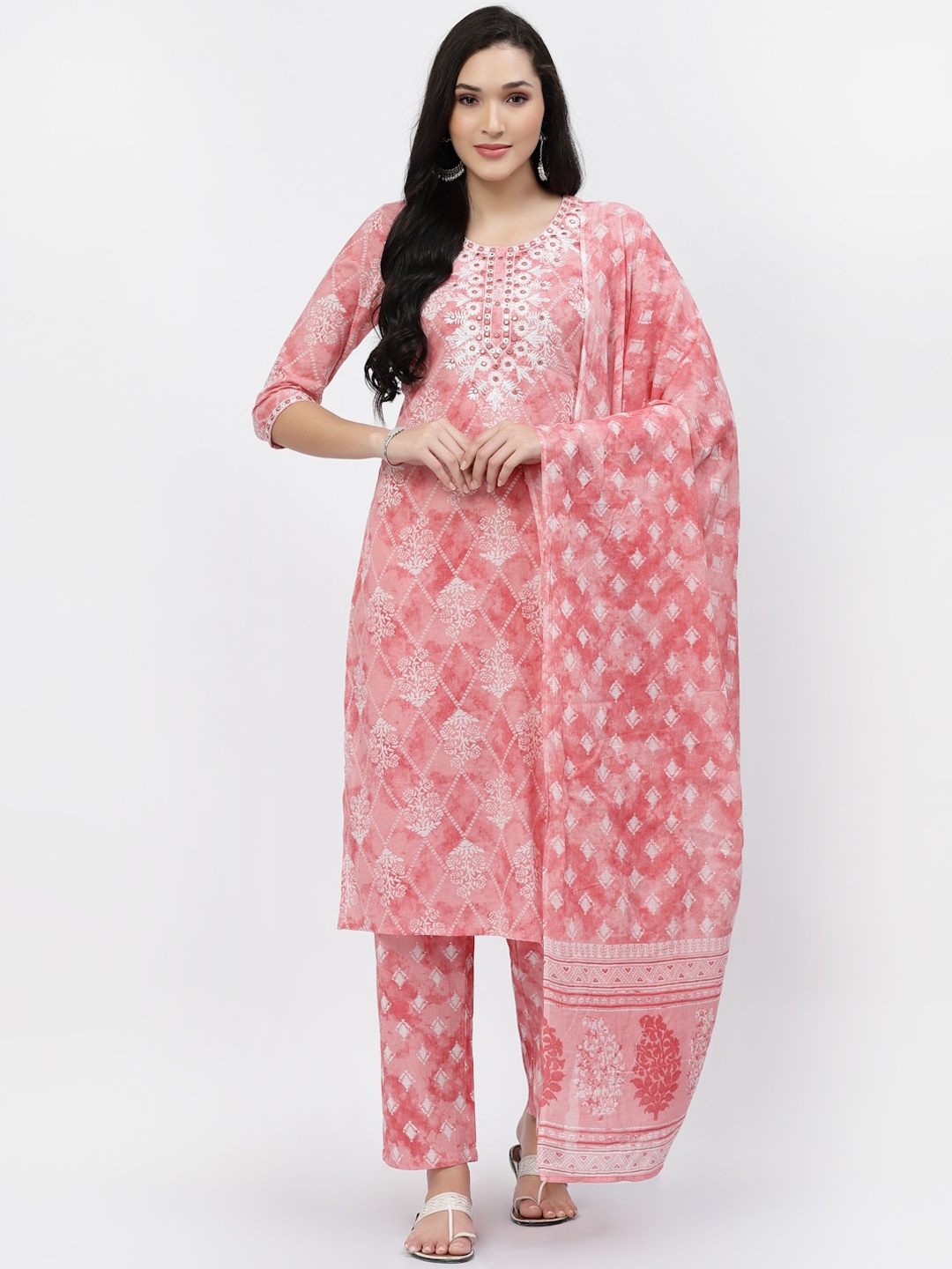 

YELLOW CLOUD Ethnic Motifs Embroidered Pure Cotton Kurta With Trousers & Dupatta, Pink