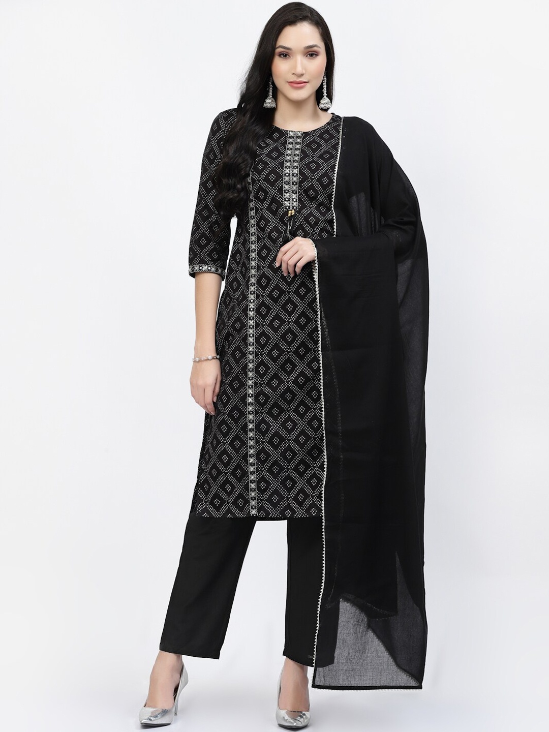 

YELLOW CLOUD Bandhani Printed Pure Cotton Kurta with Trousers & With Dupatta, Black