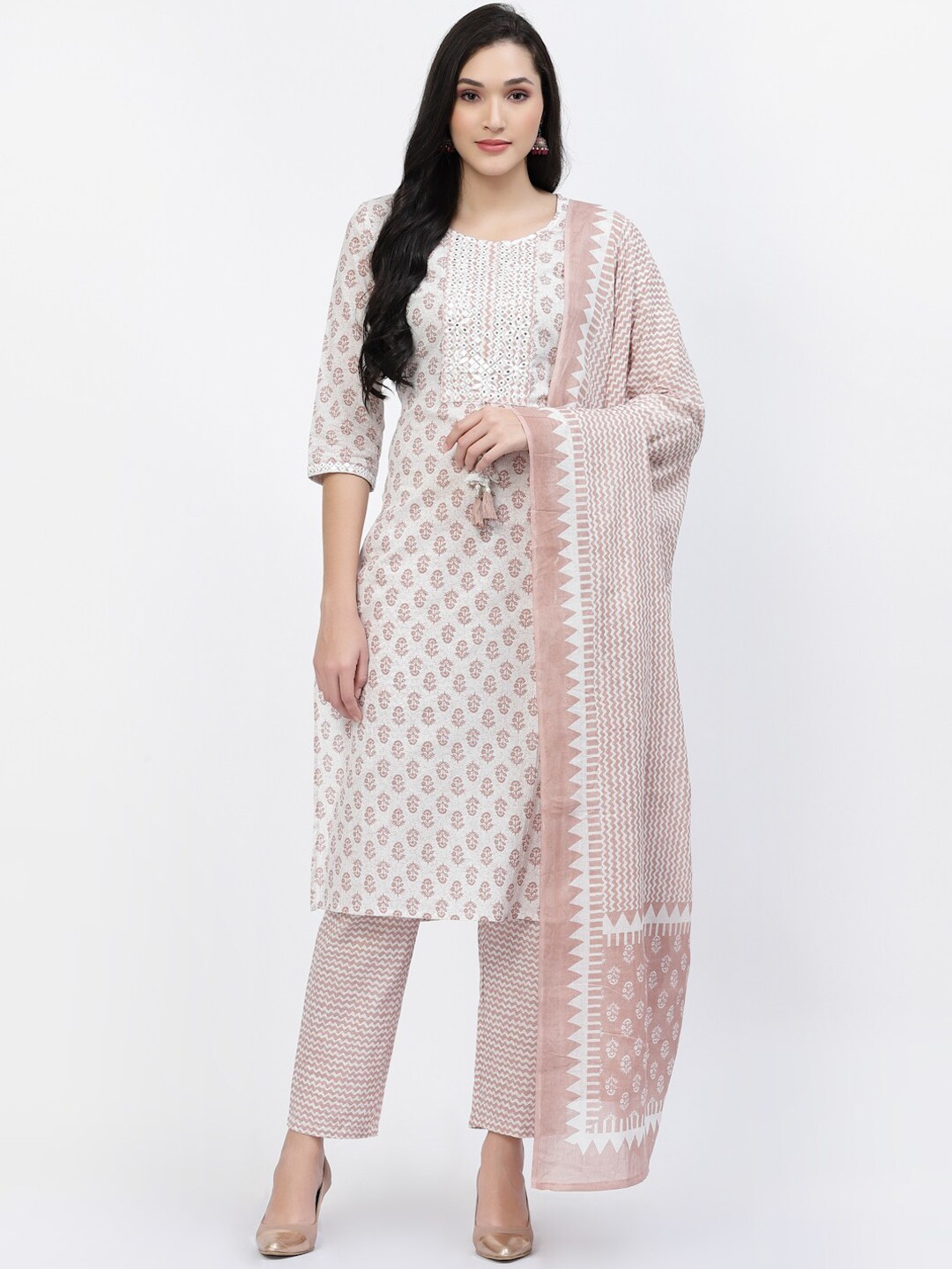 

YELLOW CLOUD Floral Printed Mirror Work Pure Cotton Kurta with Trousers & With Dupatta, White