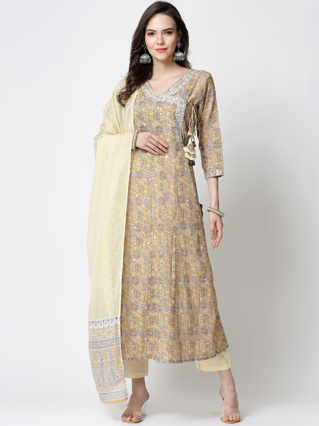 

YELLOW CLOUD Floral Printed Pure Cotton Angrakha Kurta with Trousers & With Dupatta