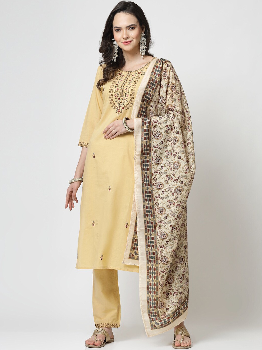 

YELLOW CLOUD Floral Embroidered Pure Cotton Kurta With Trousers & Dupatta, Beige