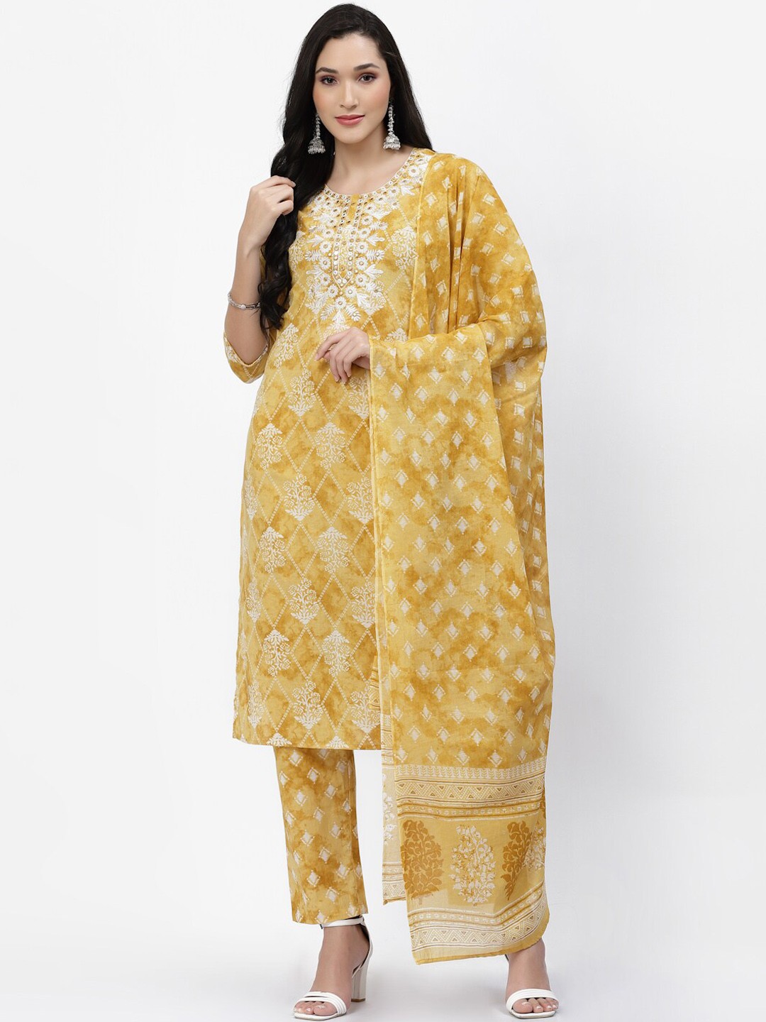 

YELLOW CLOUD Ethnic Motifs Printed Mirror Work Pure Cotton Kurta with Trousers & With