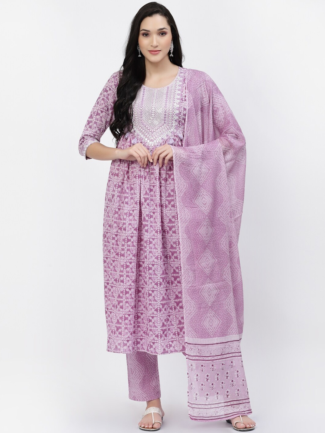 

YELLOW CLOUD Embroidered Mirror Work Pure Cotton Kurta with Trousers & With Dupatta, Lavender