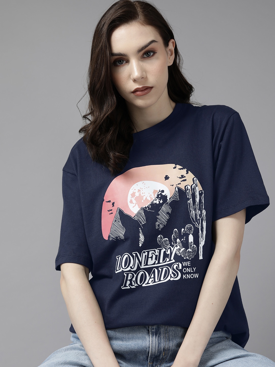 

Roadster Women Printed Pure Cotton Oversized T-shirt, Navy blue