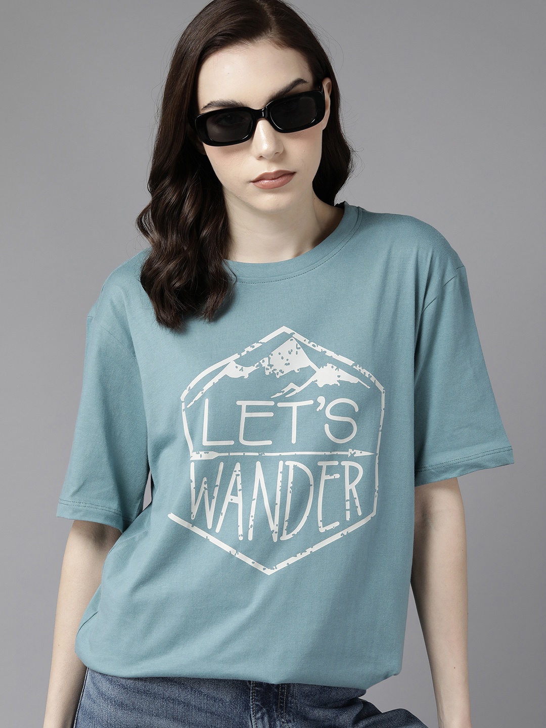 

Roadster Women Typography Printed Pure Cotton Oversized T-shirt, Turquoise blue