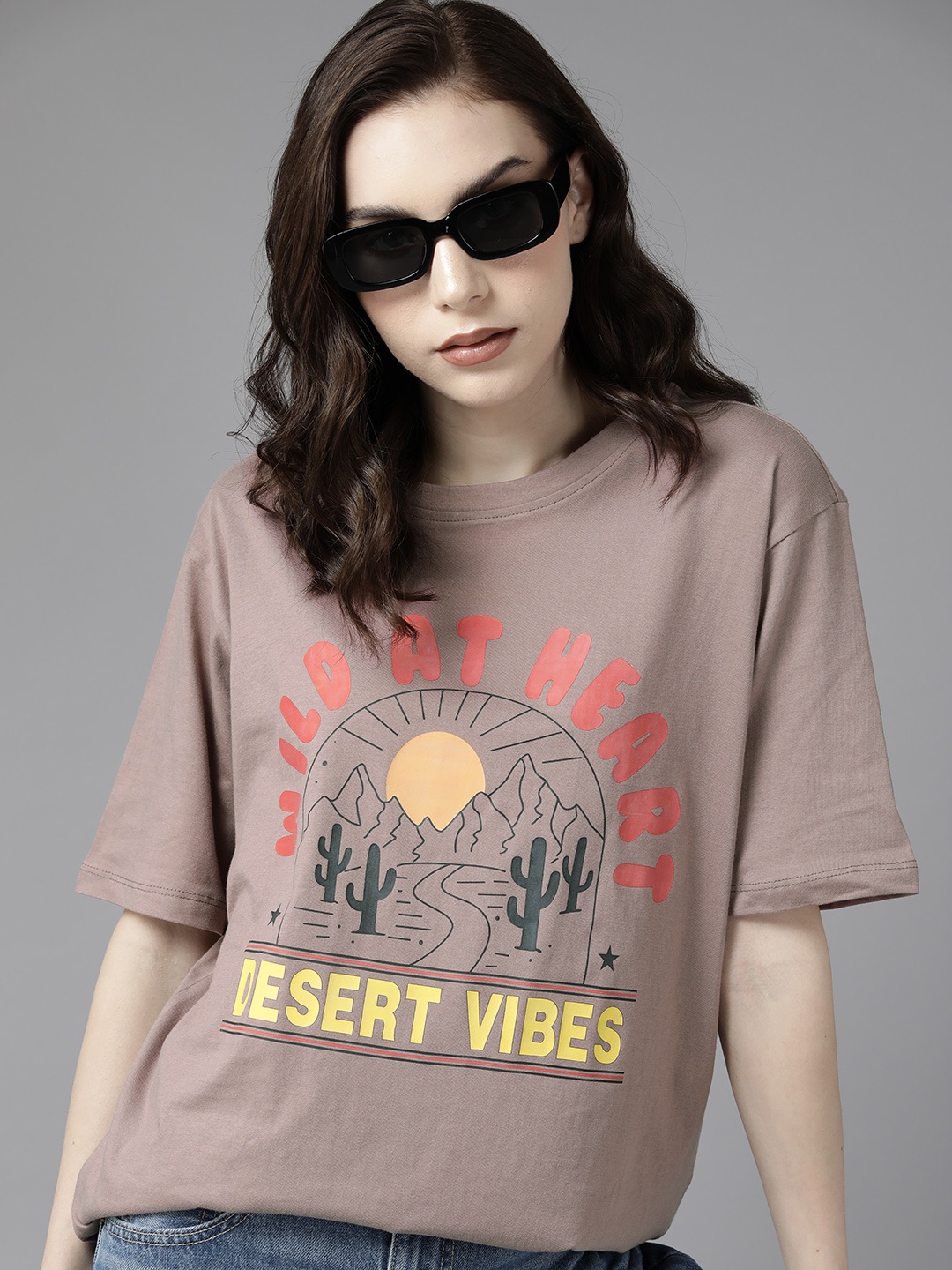 

Roadster Women Typography Printed Pure Cotton Oversized T-shirt, Taupe