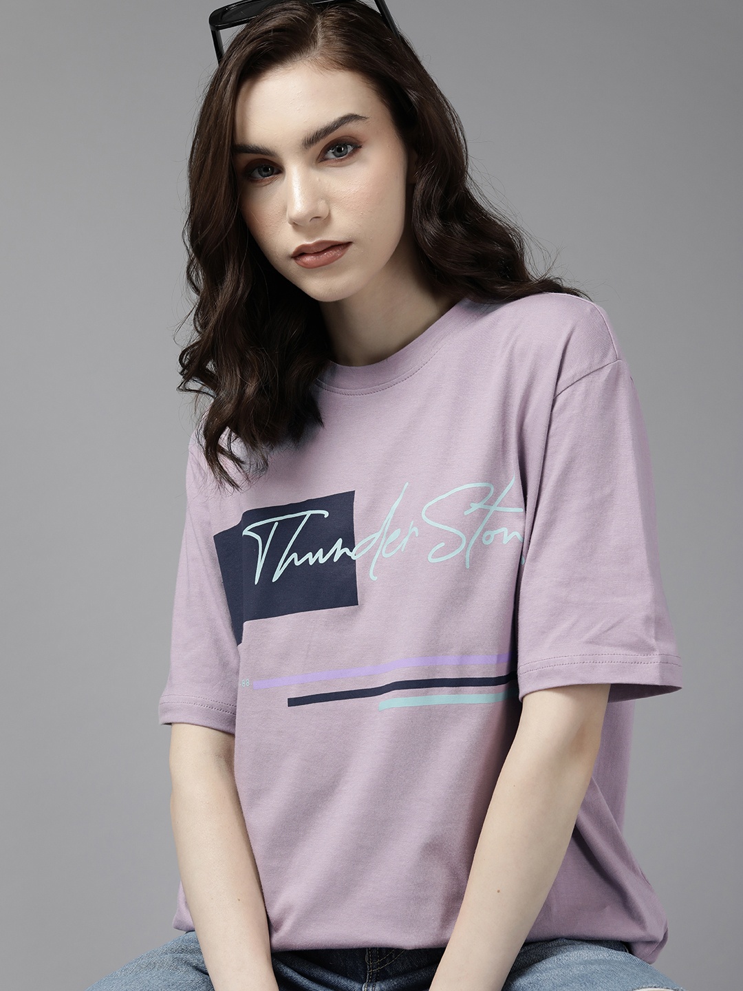 

Roadster Women Typography Printed Pure Cotton Oversized T-shirt, Lavender