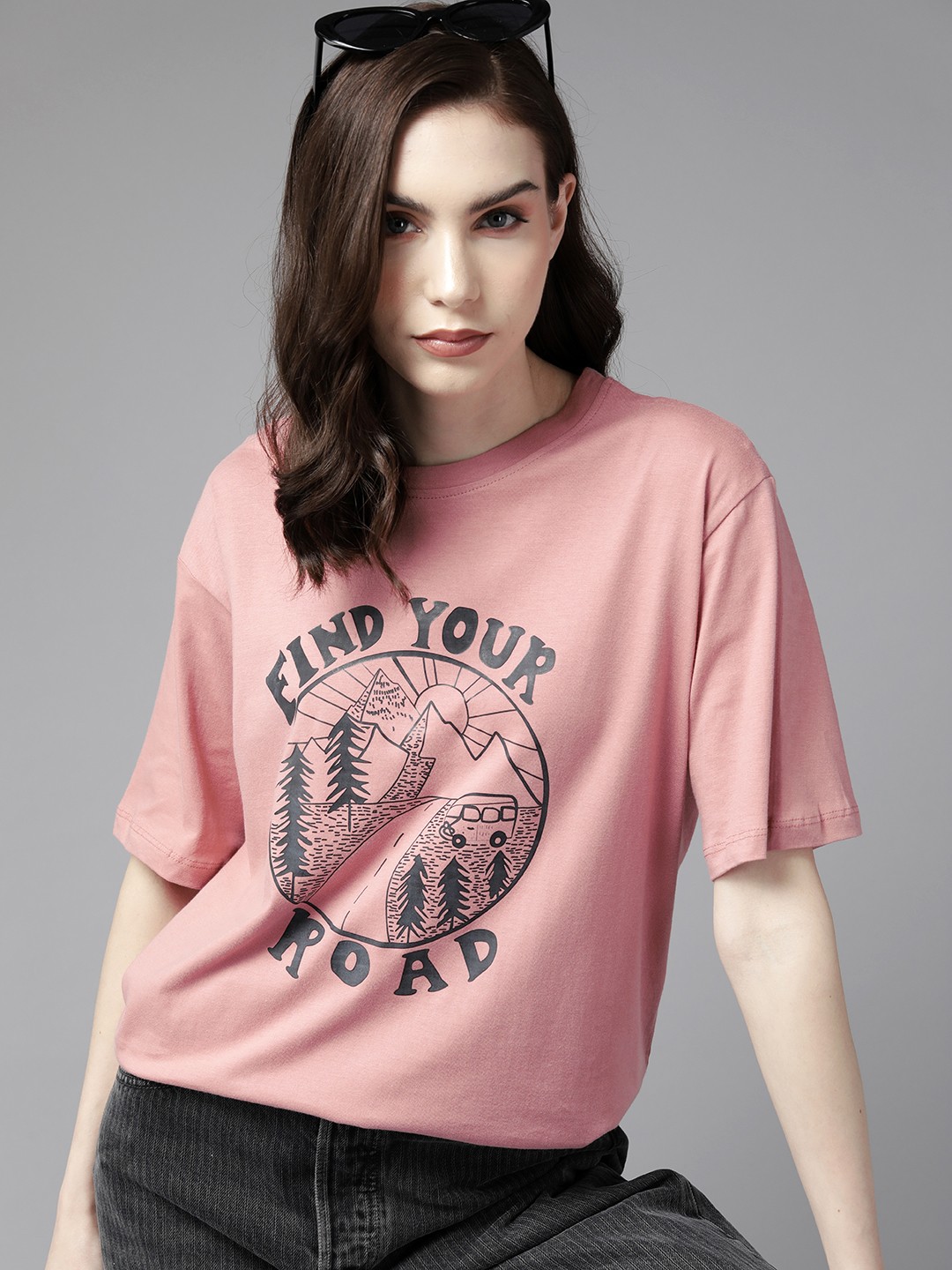 

Roadster Women Typography Printed Pure Cotton Oversized T-shirt, Pink