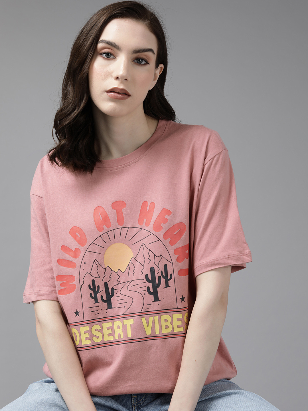 

Roadster Women Typography Printed Pure Cotton Oversized T-shirt, Pink