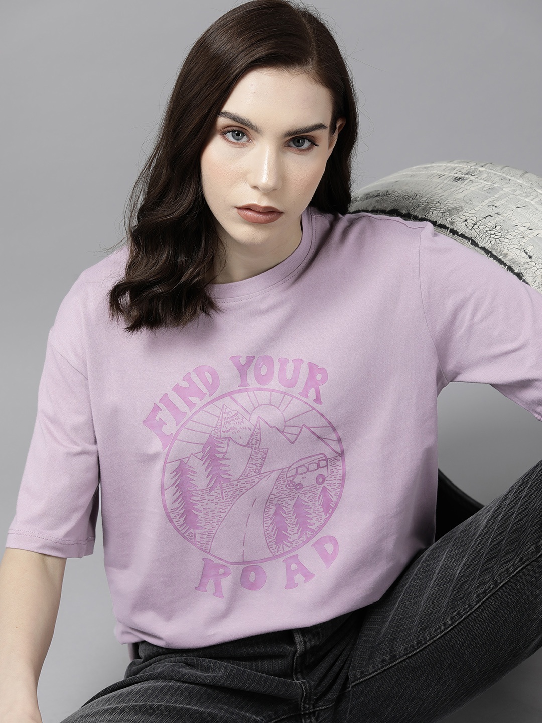 

Roadster Women Typography Printed Pure Cotton Oversized T-shirt, Lavender