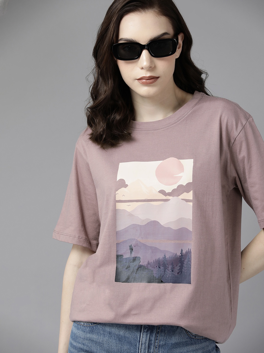 

Roadster Women Printed Pure Cotton Oversized T-shirt, Mauve