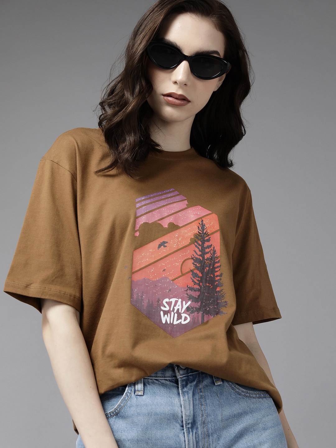 

Roadster Women Printed Pure Cotton Oversized T-shirt, Brown