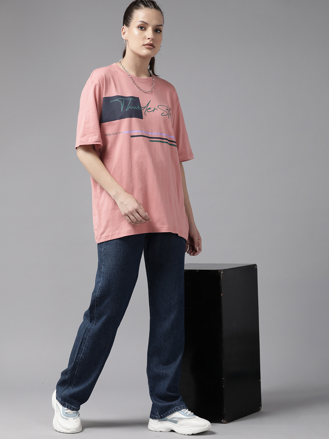 

Roadster Women Typography Printed Pure Cotton Oversized T-shirt, Pink